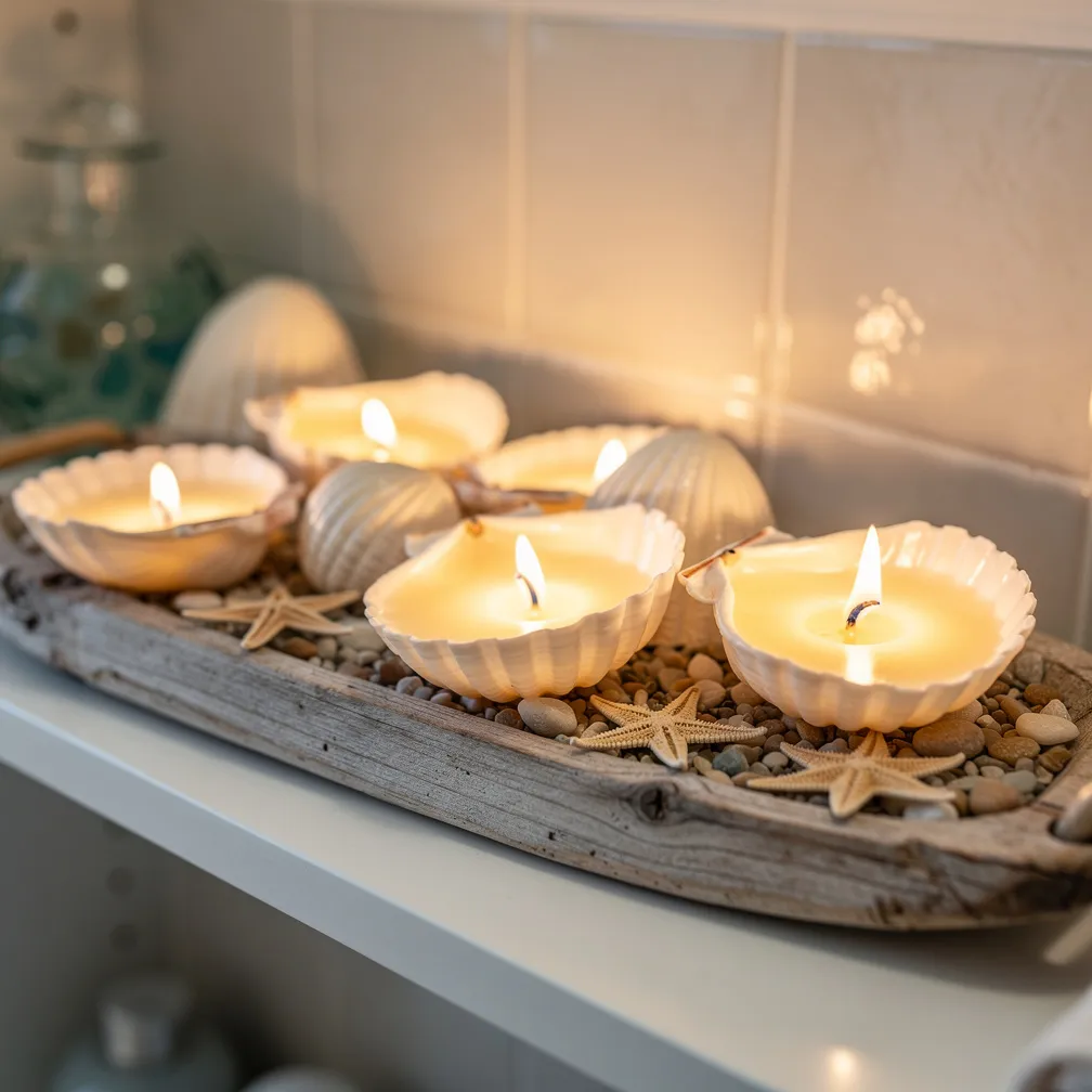 Bougies artisanales coulées dans des coquilles Saint-Jacques sur plateau bois flotté