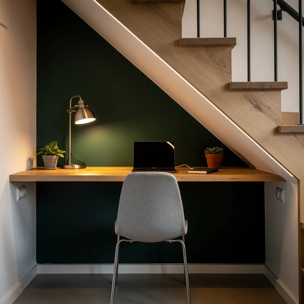 Espace bureau compact aménagé sous un escalier avec mur vert