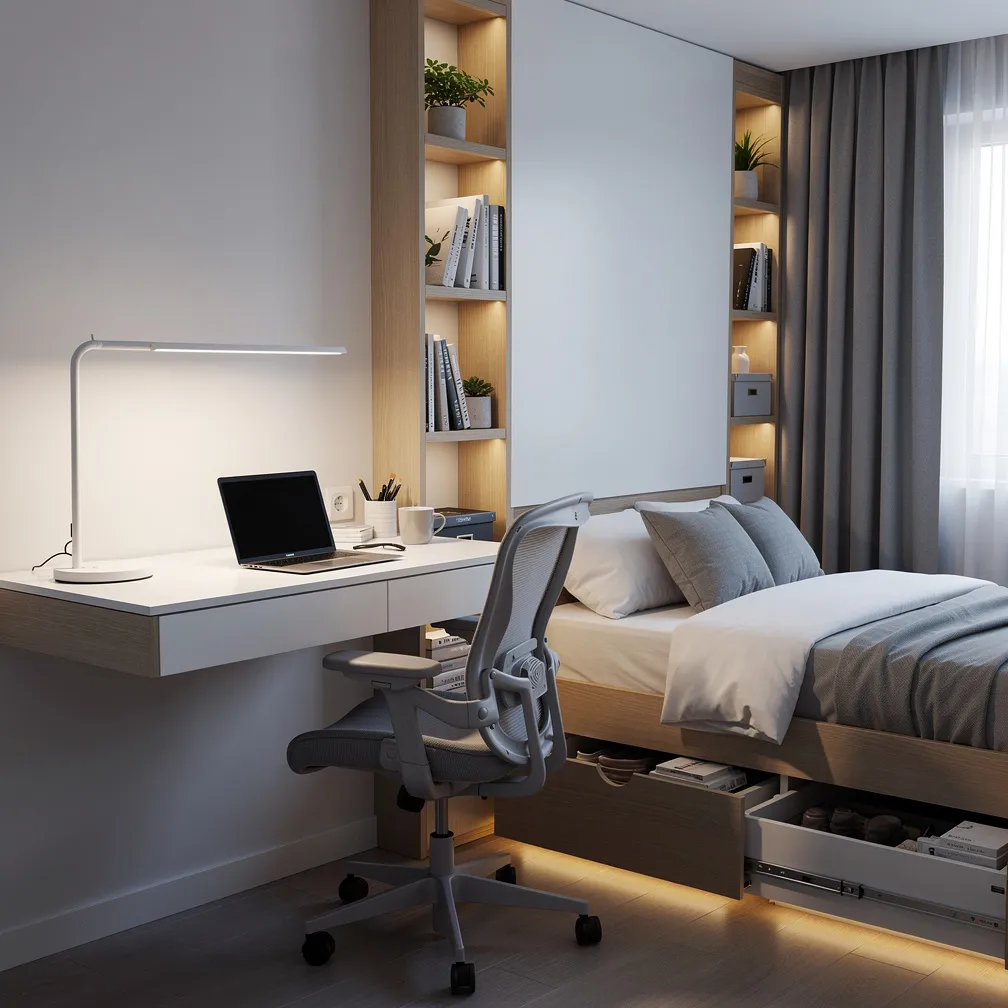 Bureau suspendu fixé au mur dans une chambre compacte