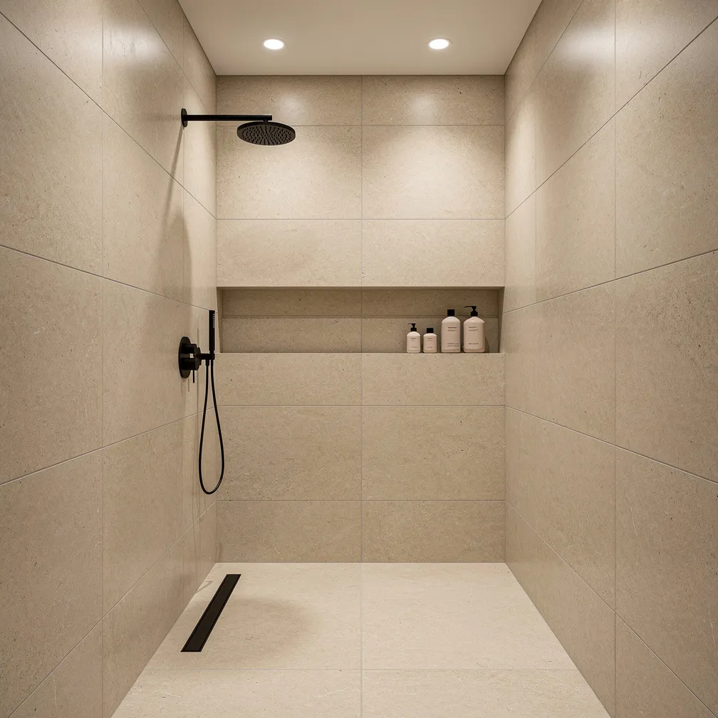 Salle de bain avec carrelage grand format beige sable du sol à la douche