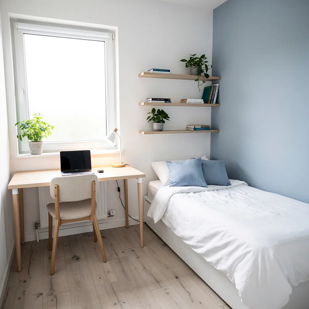 Petite chambre de 9m2 avec lit simple et bureau sous la fenêtre
