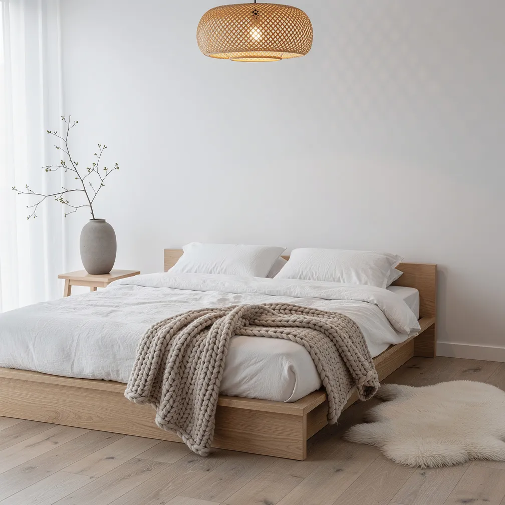 Chambre japandi avec lit bas en chêne et plaid en laine