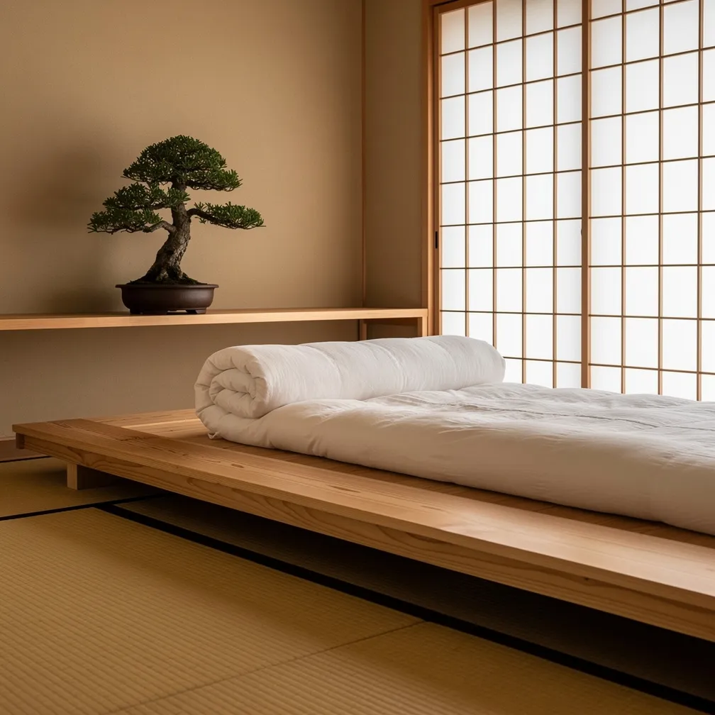 Chambre style japonais avec lit bas en bois et futon sur tatami