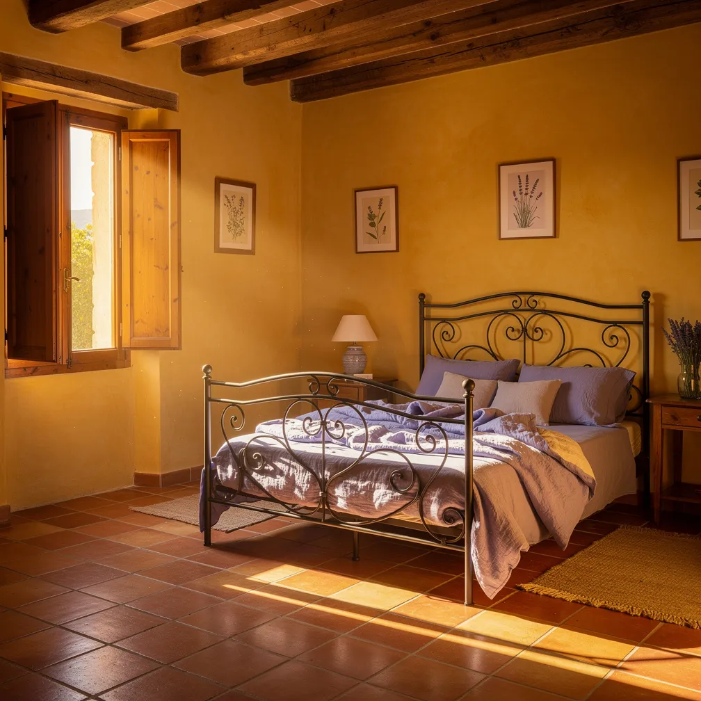 Chambre provençale avec murs ocre et linge de lit bleu lavande