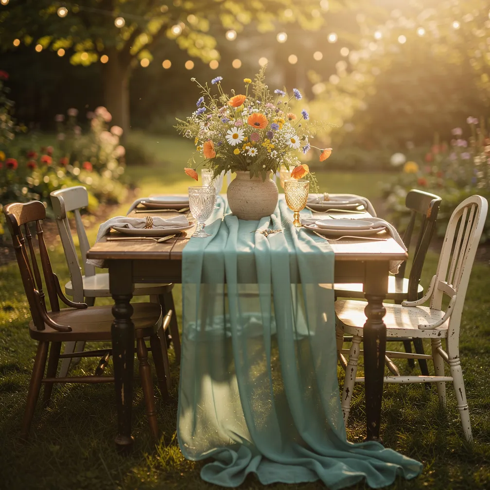 Table extérieure bohème avec cheesecloth bleu canard drapé et guirlandes lumineuses