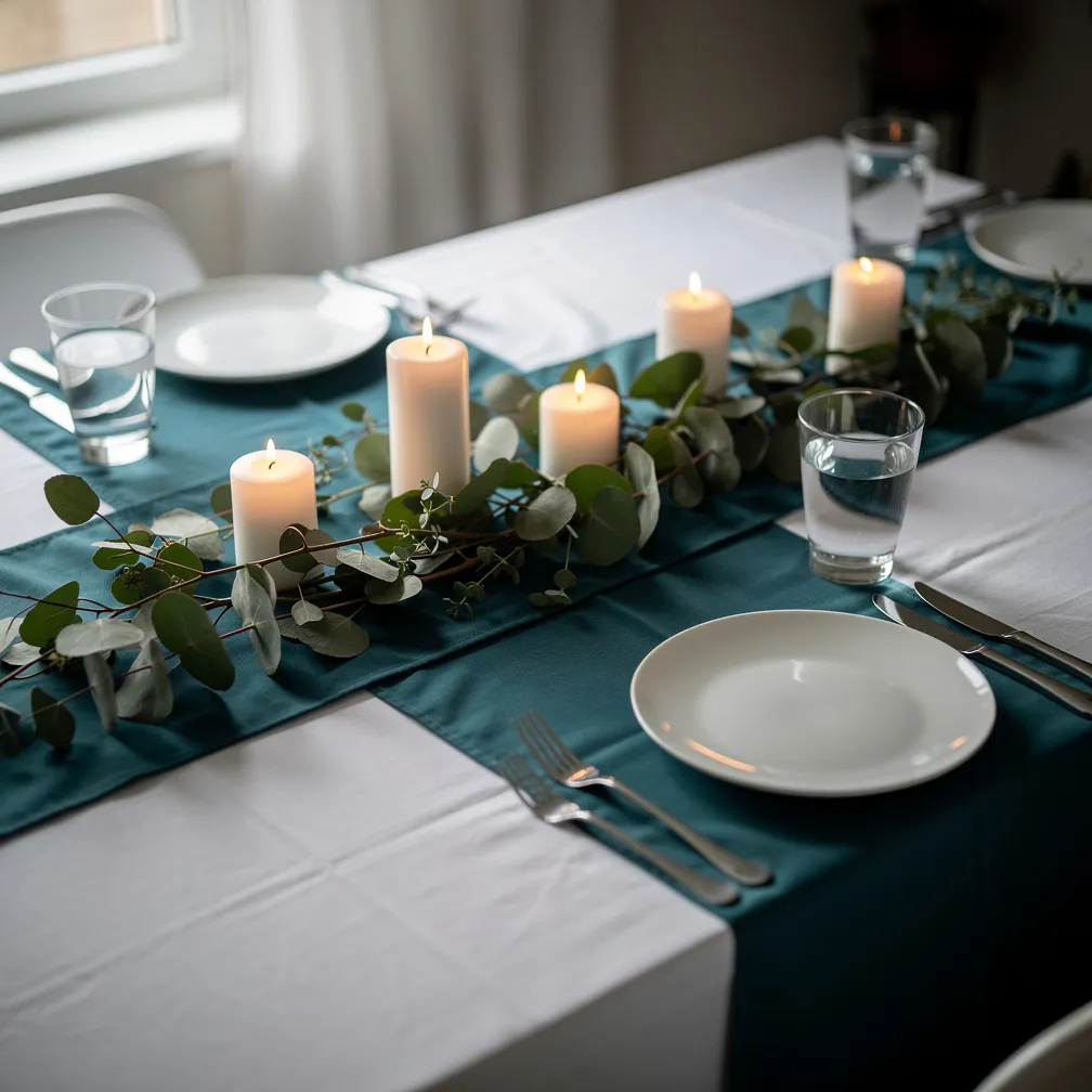 Table dressée avec chemin de table bleu canard sur nappe blanche et eucalyptus