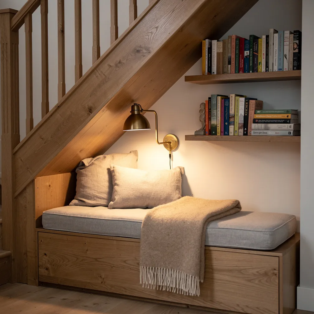 Coin lecture douillet aménagé sous un escalier avec banquette et coussins