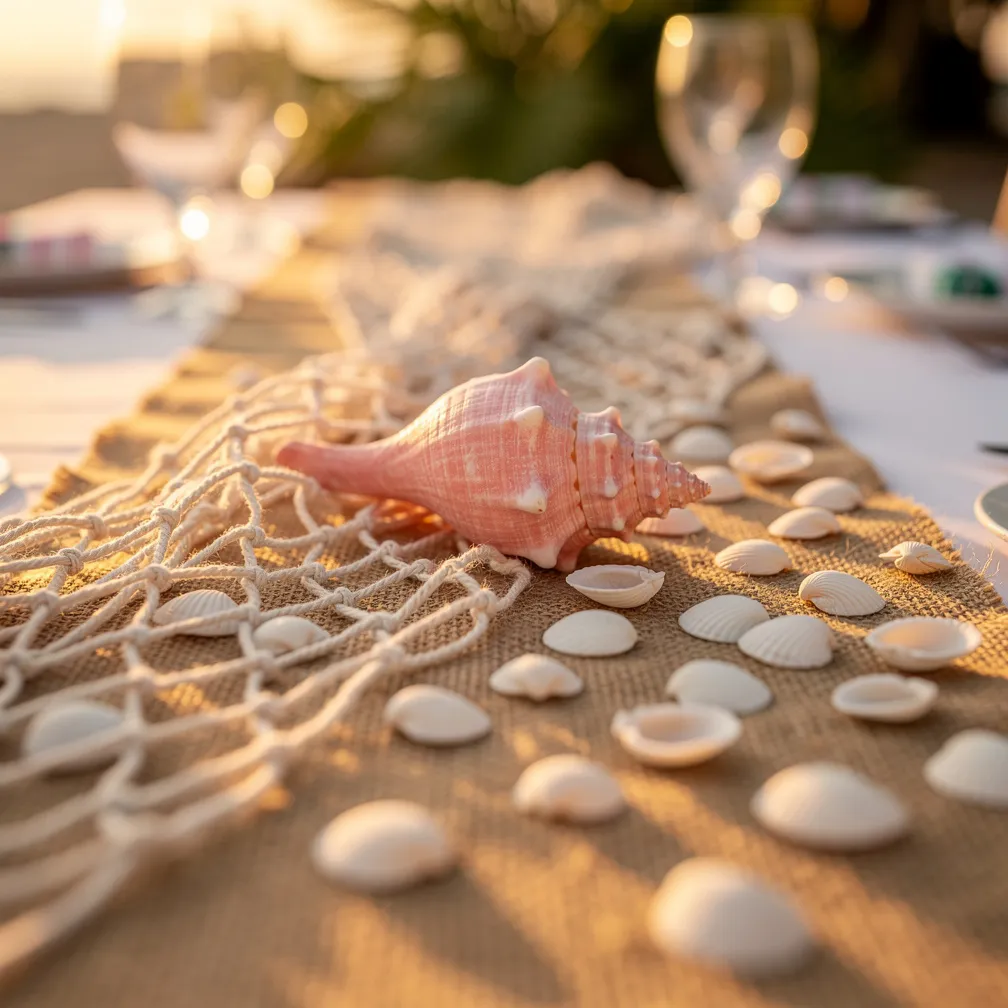 Décoration de table avec grand coquillage lambis rose et petits coquillages blancs
