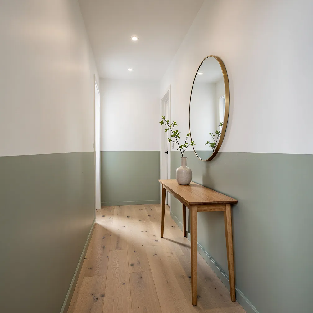 Couloir avec technique demi-mur vert sauge et blanc créant une illusion de hauteur