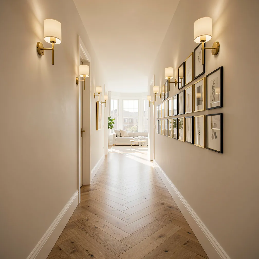 Couloir étroit peint en blanc ivoire avec parquet chêne et cadres muraux