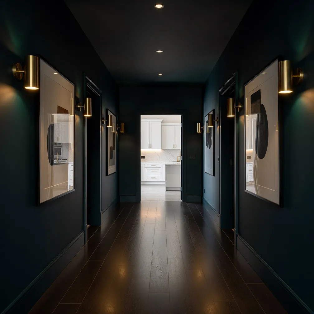 Couloir peint en bleu canard profond avec éclairage laiton et tableaux