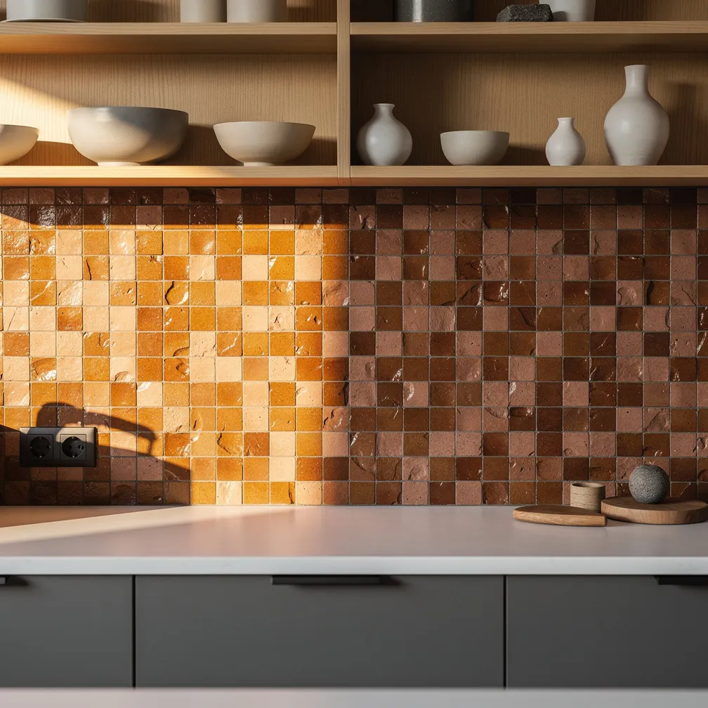 Crédence en zellige terracotta artisanal dans une cuisine grise