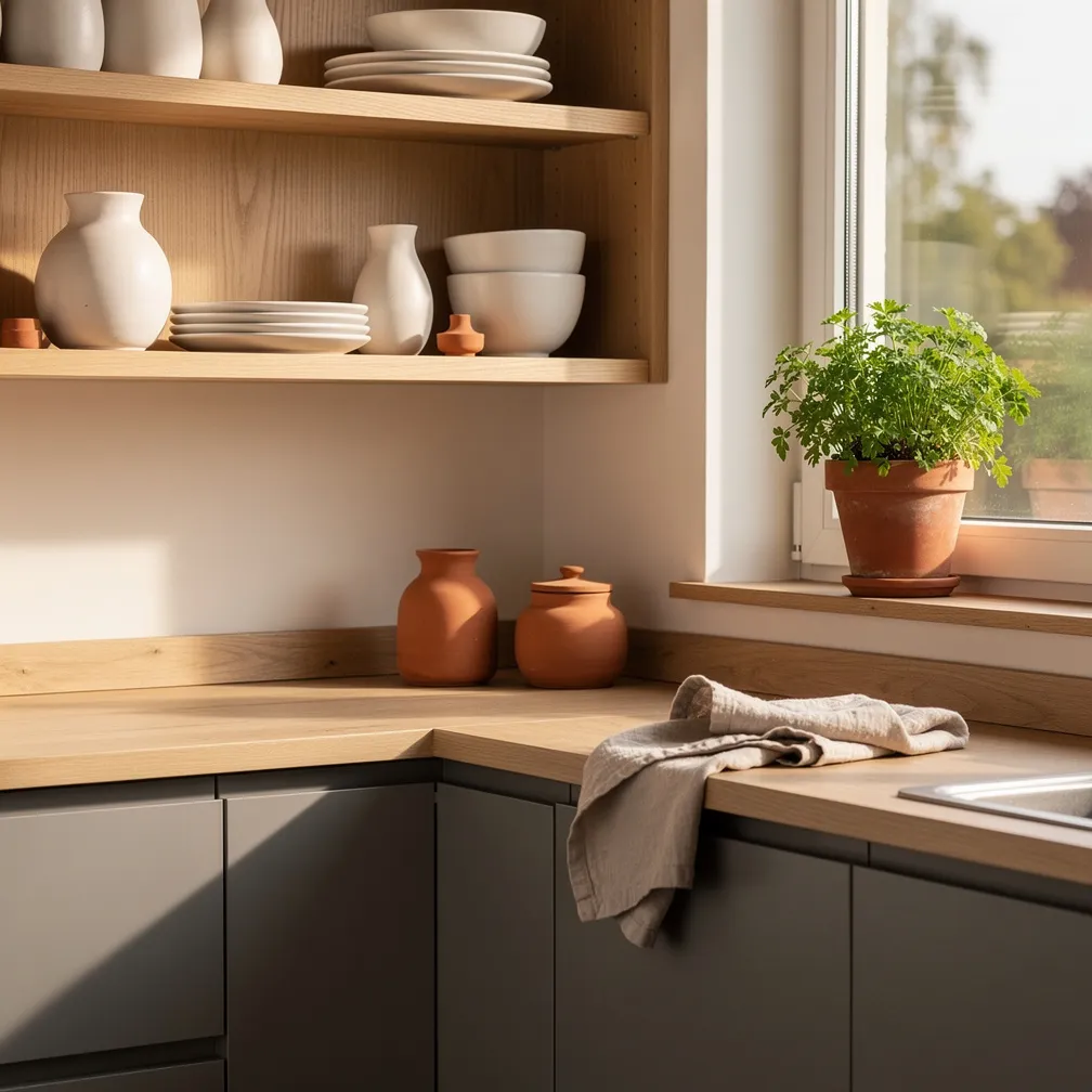 Cuisine scandinave avec étagères chêne clair et accessoires terracotta