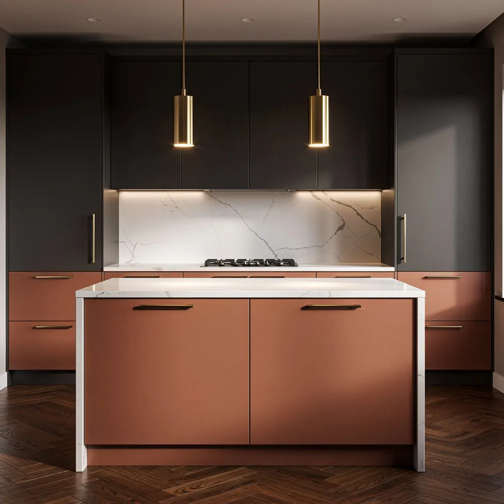 Cuisine contemporaine avec façades terracotta et meubles gris anthracite