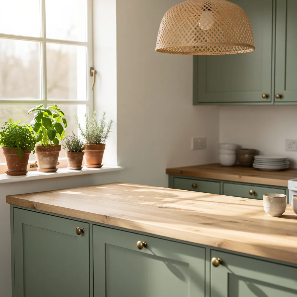 Cuisine vert sauge mat avec plan de travail en chêne et boutons laiton