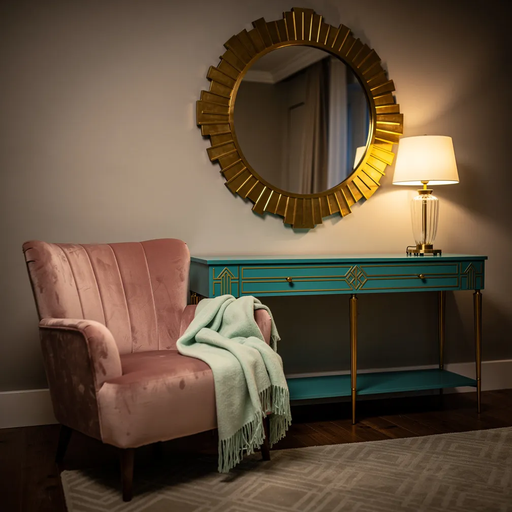 Salon art déco avec fauteuil rose et console turquoise dorée