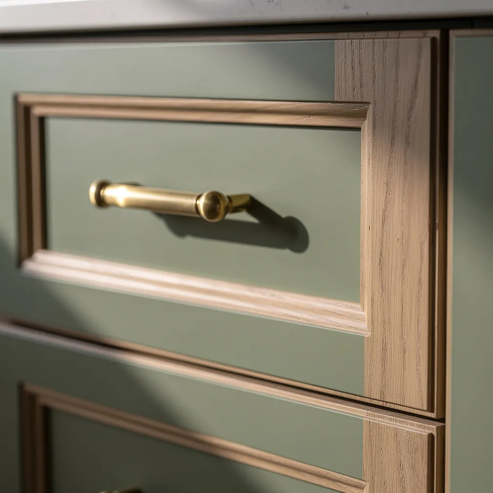 Gros plan sur façade de cuisine vert sauge mat avec cadre en chêne