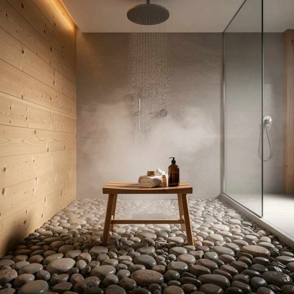 Douche zen avec galets de rivière au sol et lambris bois clair au mur