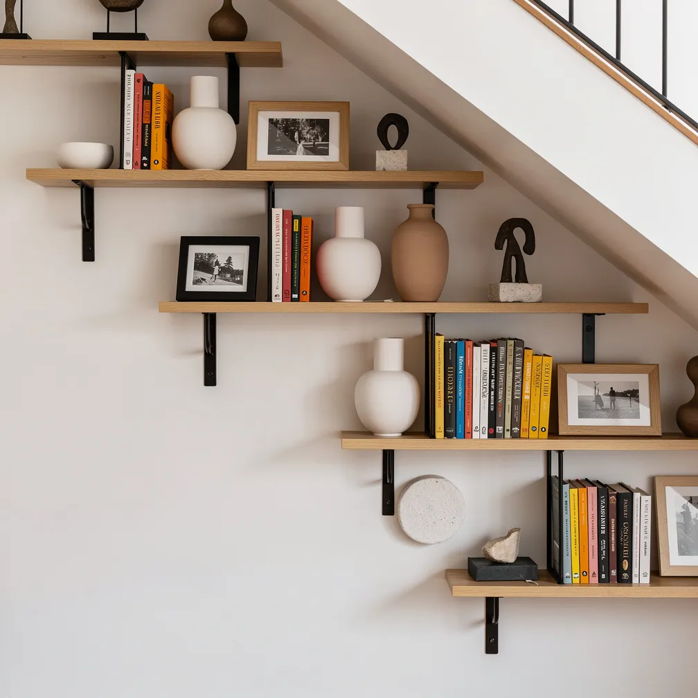 Étagères asymétriques sous escalier avec livres et objets déco