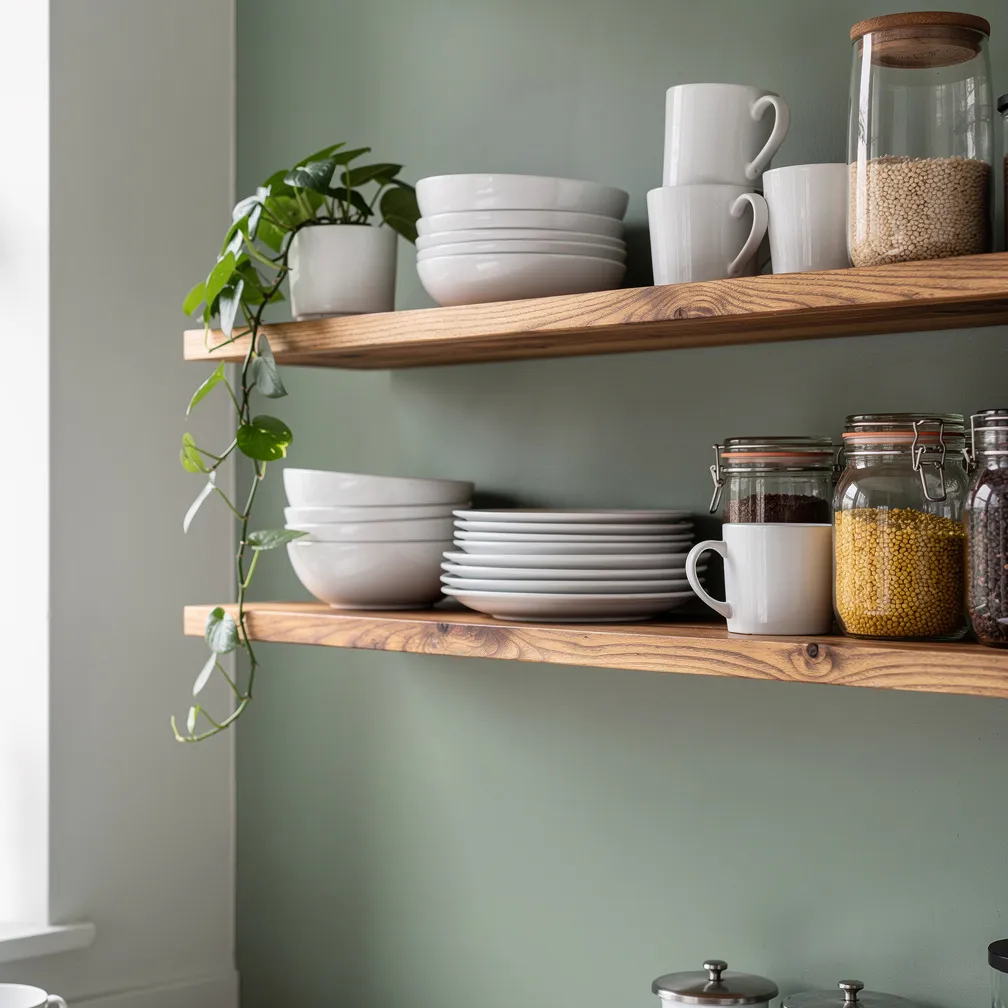 Étagères ouvertes en bois brut sur mur peint en vert sauge