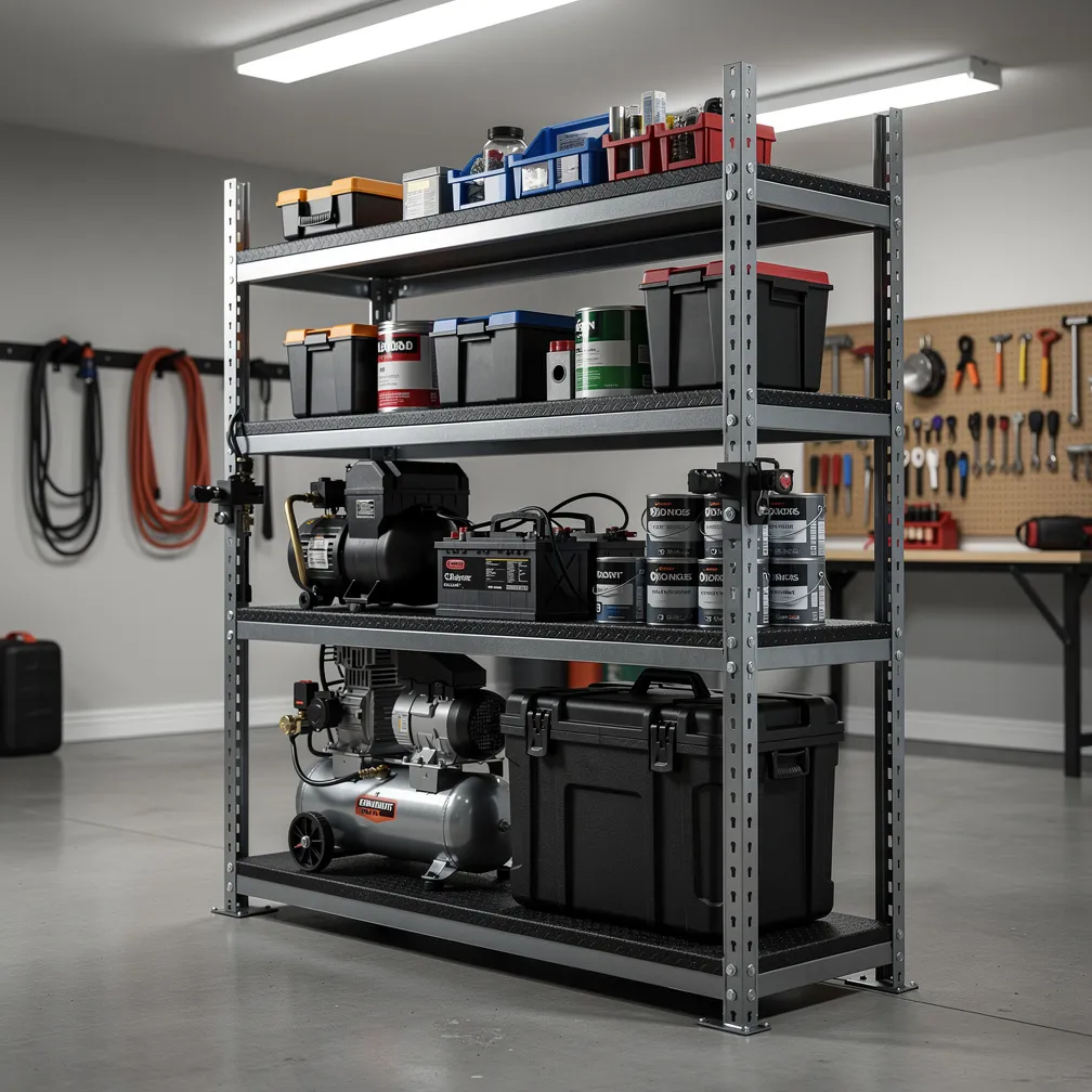 Étagères métalliques industrielles remplies d outils dans un atelier