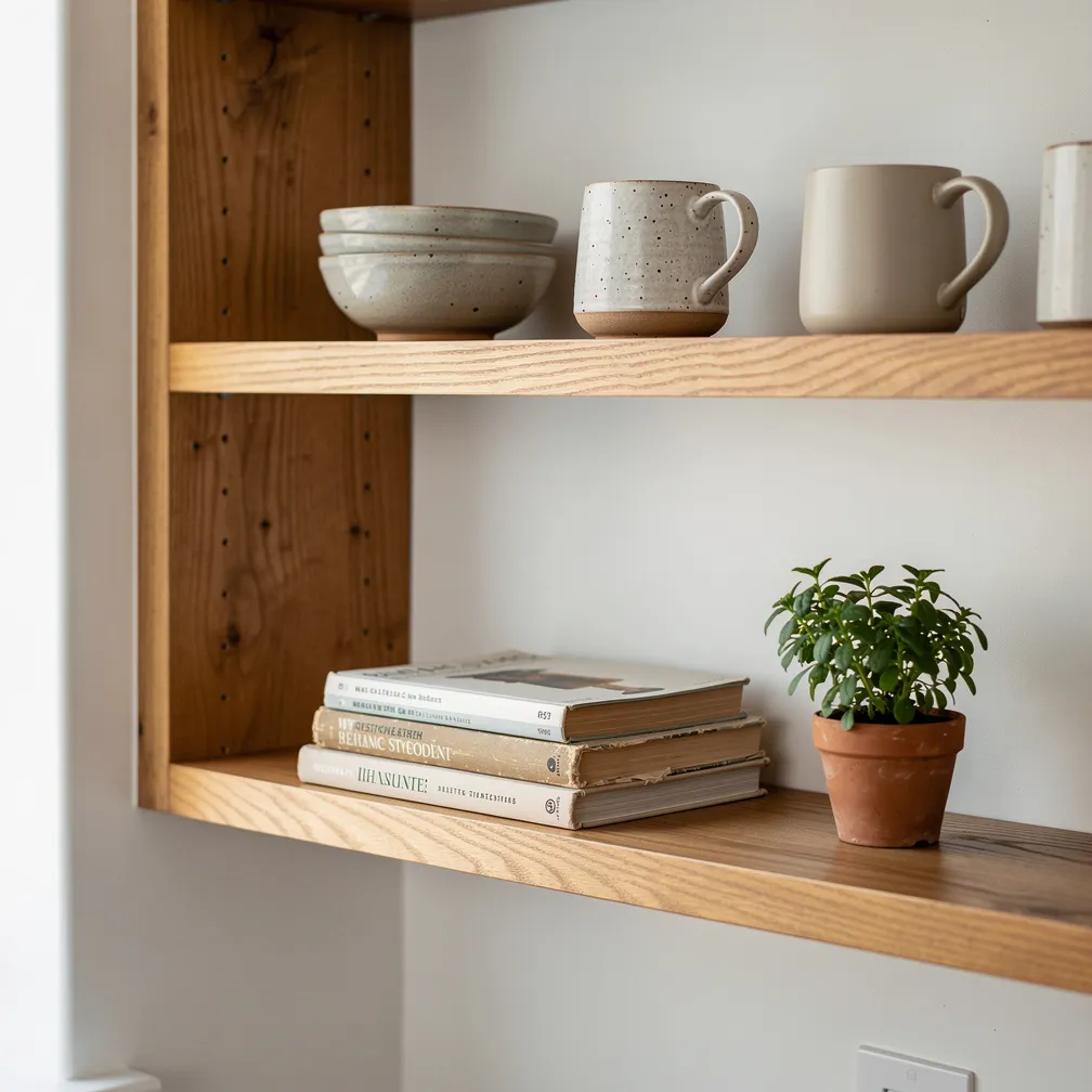Étagères ouvertes en bois avec vaisselle artisanale et livres de recettes