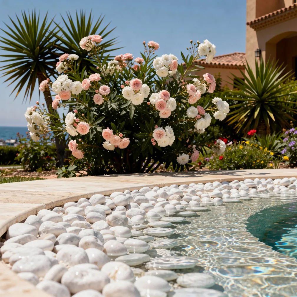 Bord de piscine avec galets blancs polis et plantes méditerranéennes