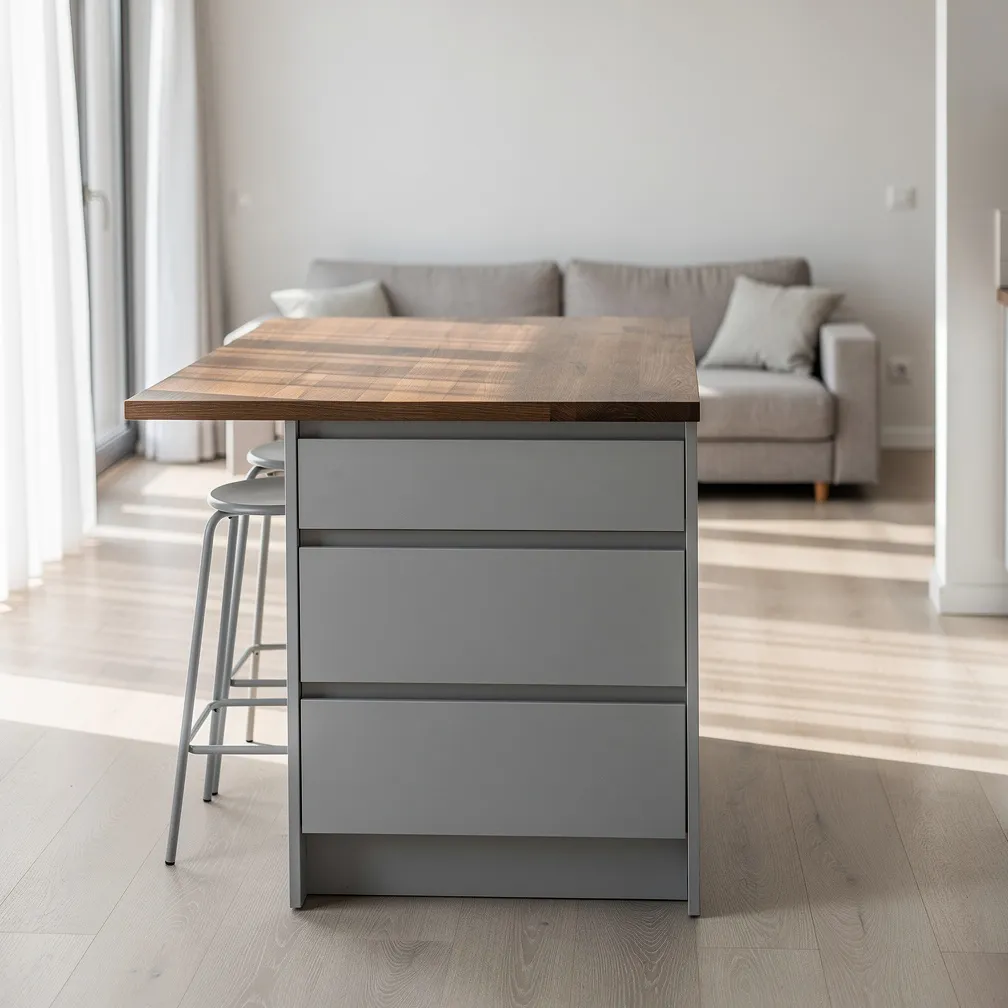 Îlot compact gris avec tabourets dans cuisine ouverte sur salon