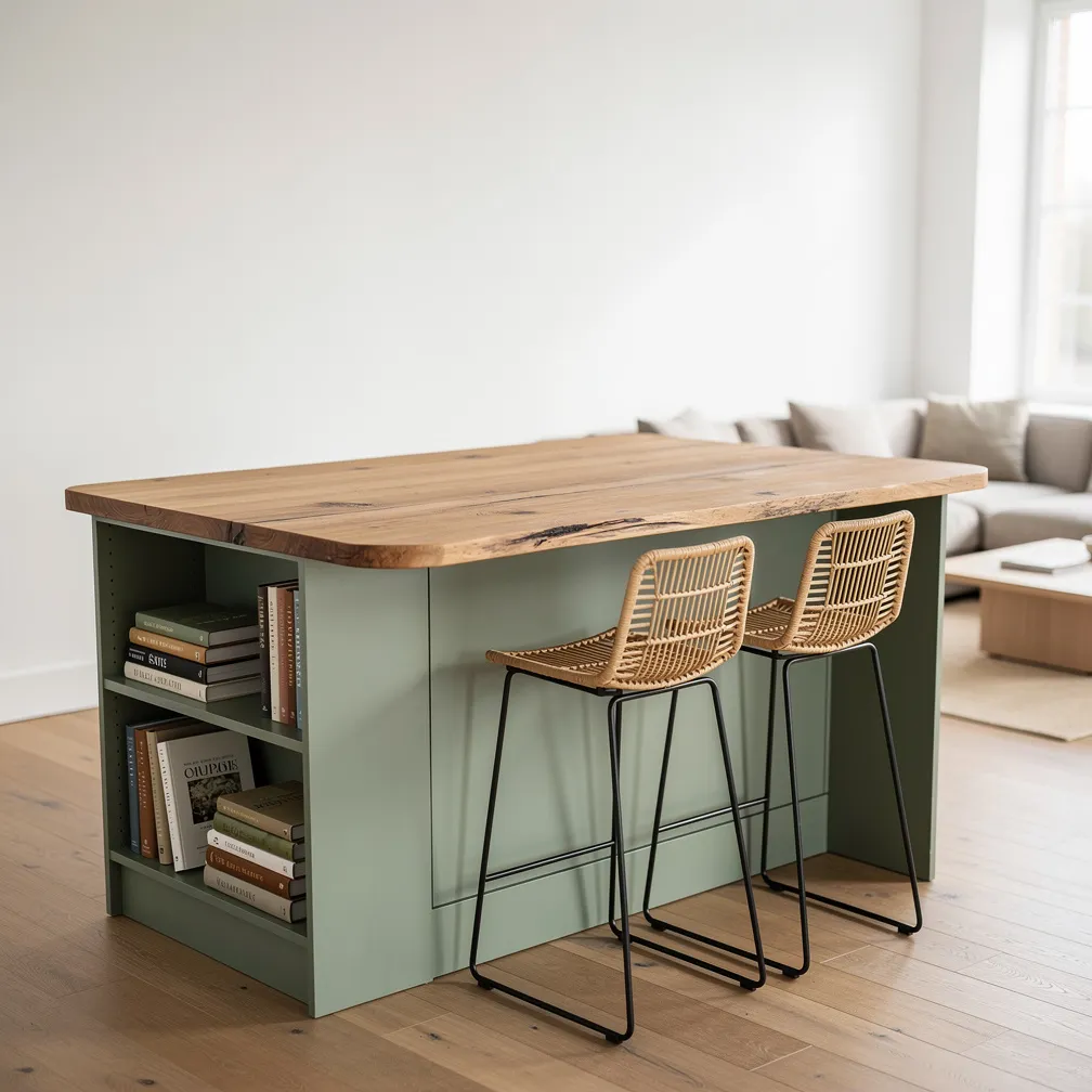 Îlot de cuisine vert sauge avec plateau en bois brut et tabourets rotin