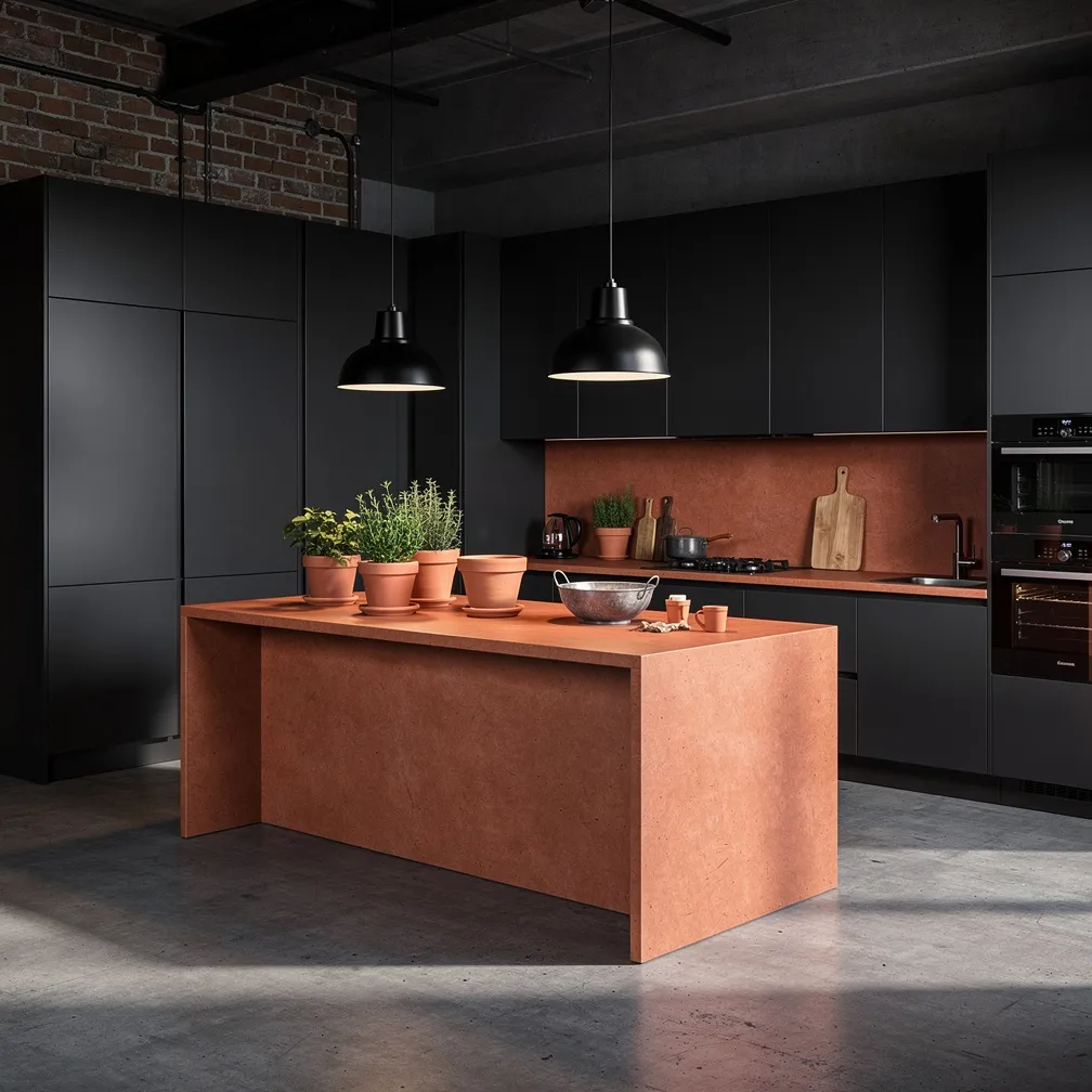 Cuisine loft avec îlot terracotta et murs gris anthracite