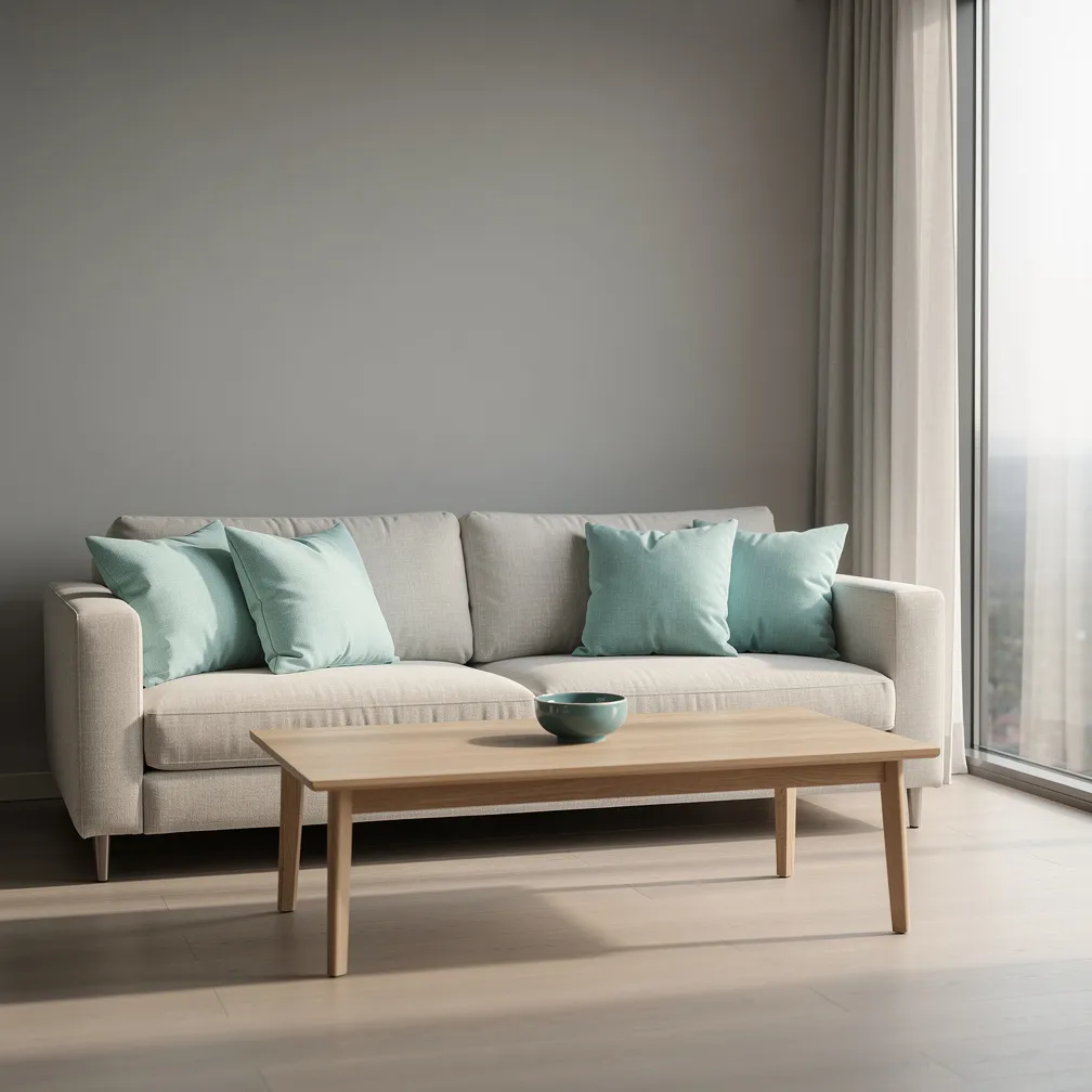Salon épuré avec touches de bleu turquoise sur fond beige