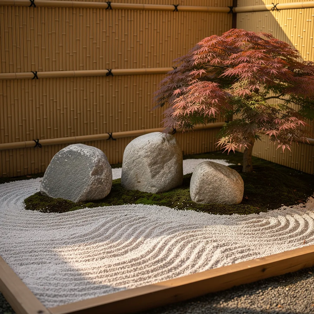 Coin jardin zen avec galets blancs ratissés en vagues et rochers asymétriques