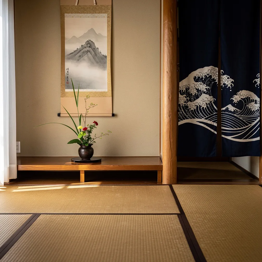 Coin chambre japonaise avec kakemono et arrangement ikebana