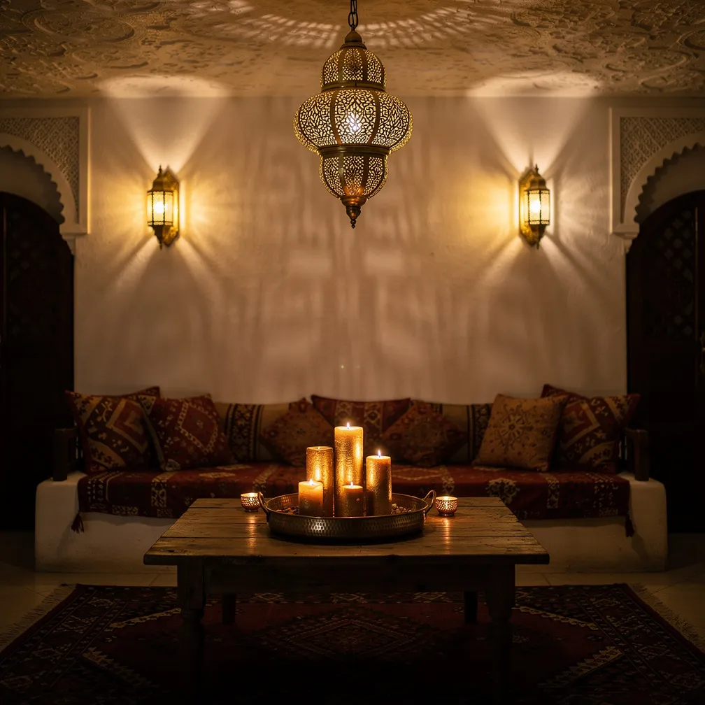 Salon marocain avec lanterne en laiton ajouré projetant des ombres décoratives