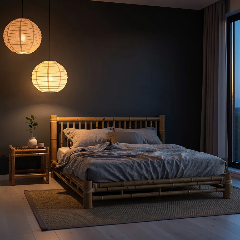 Chambre zen avec lanternes rondes en papier washi et lumière ambrée