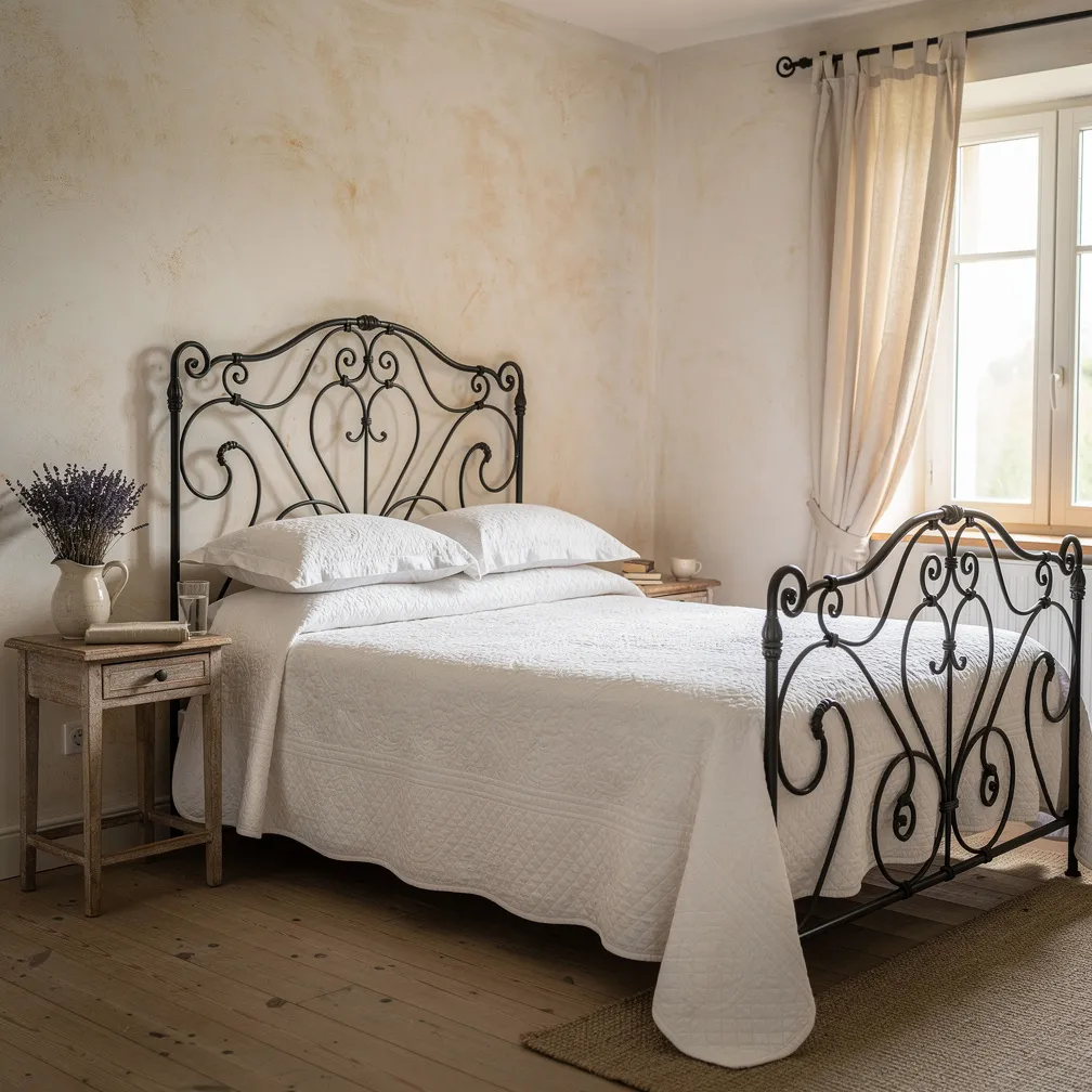 Chambre provençale avec lit en fer forgé noir et boutis blanc