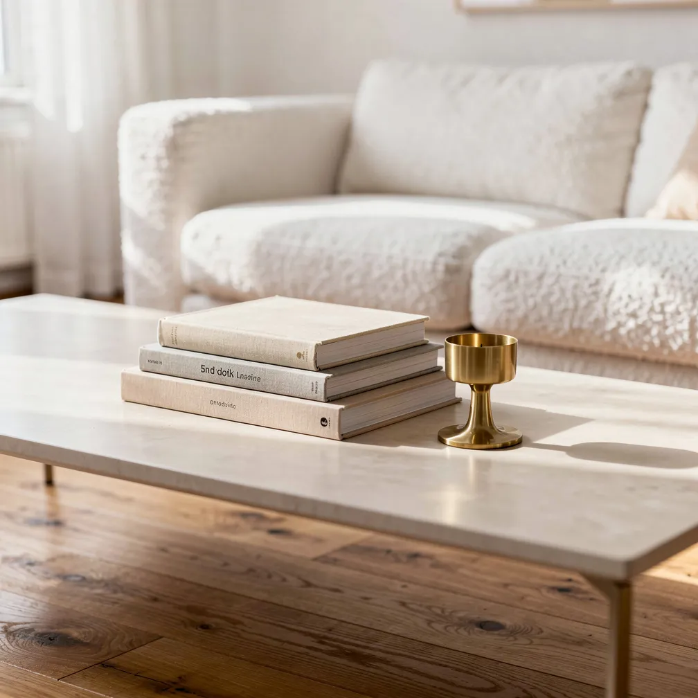 Table basse scandinave avec pile de beaux livres et bougeoir en laiton