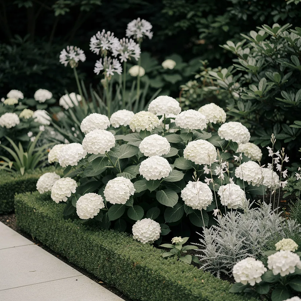 Massif de fleurs tout blanc avec hortensias Annabelle et agapanthes