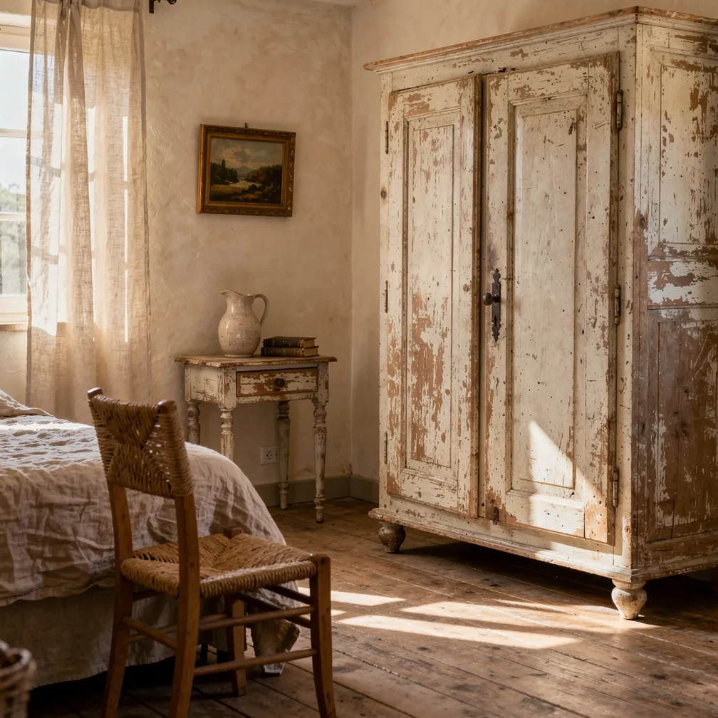Armoire et chevet en bois patiné dans une chambre de campagne provençale