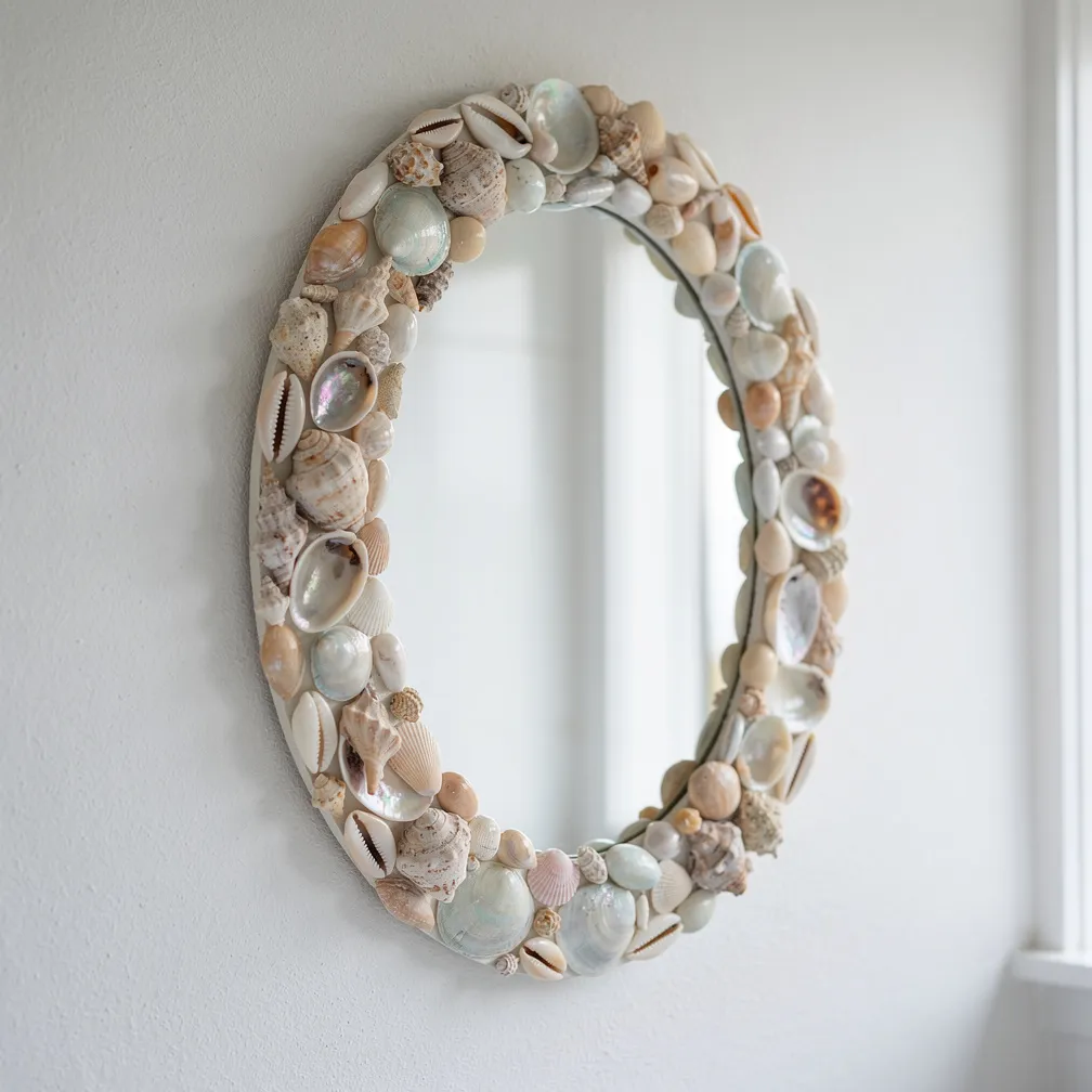 Miroir ovale avec cadre entièrement recouvert de coquillages variés