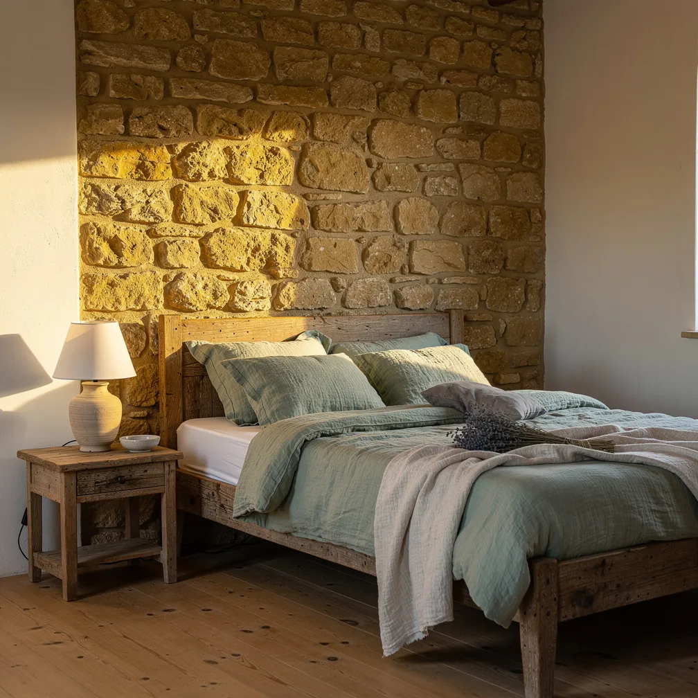 Chambre avec mur en pierre calcaire apparente et meubles en bois patiné
