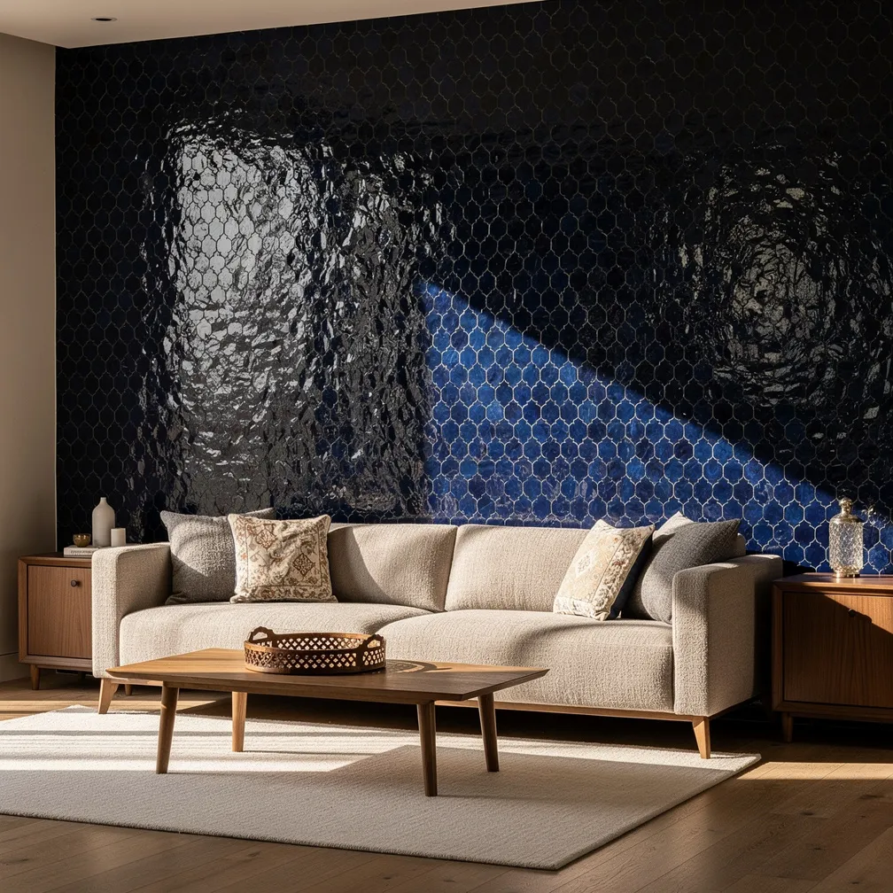 Mur d accent en zellige bleu nuit dans un salon marocain moderne