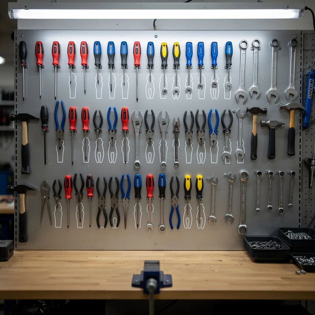 Panneau perforé métallique avec outils rangés et contours tracés