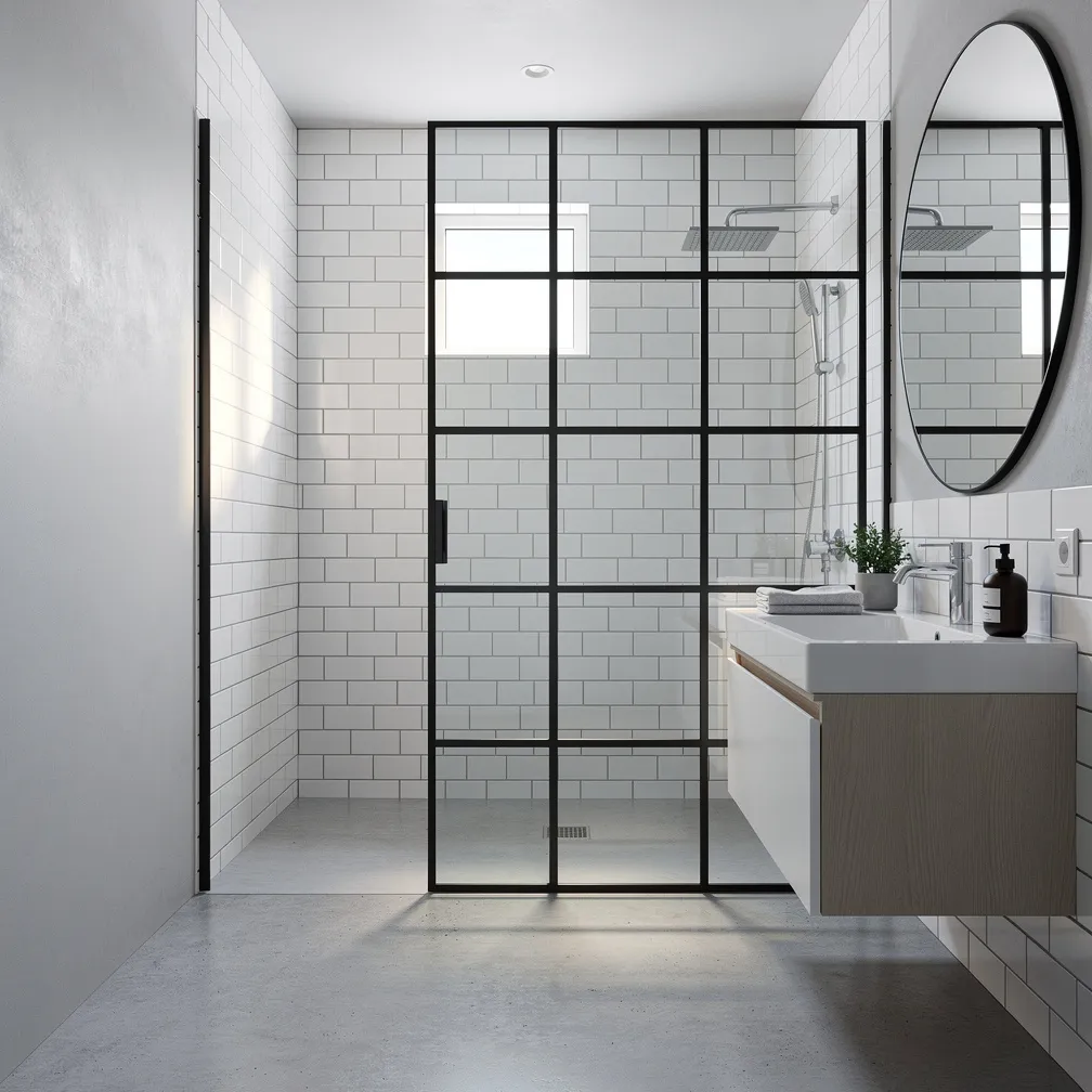 Salle de bain avec paroi vitrée style verrière noire et carrelage métro