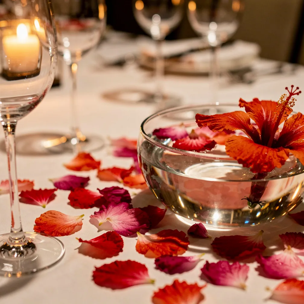 Pétales d hibiscus rouges et roses dispersés comme confettis sur nappe blanche