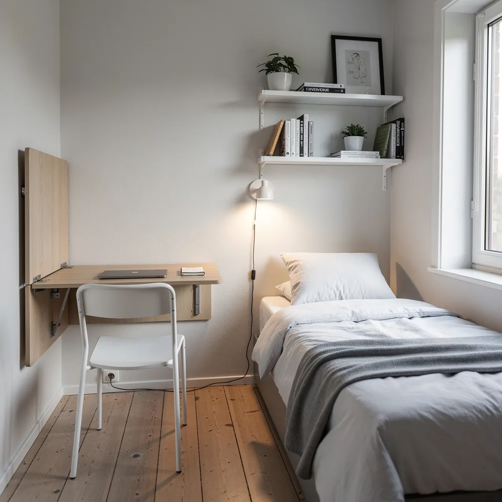 Petite chambre de 6m2 avec lit contre le mur et étagères flottantes