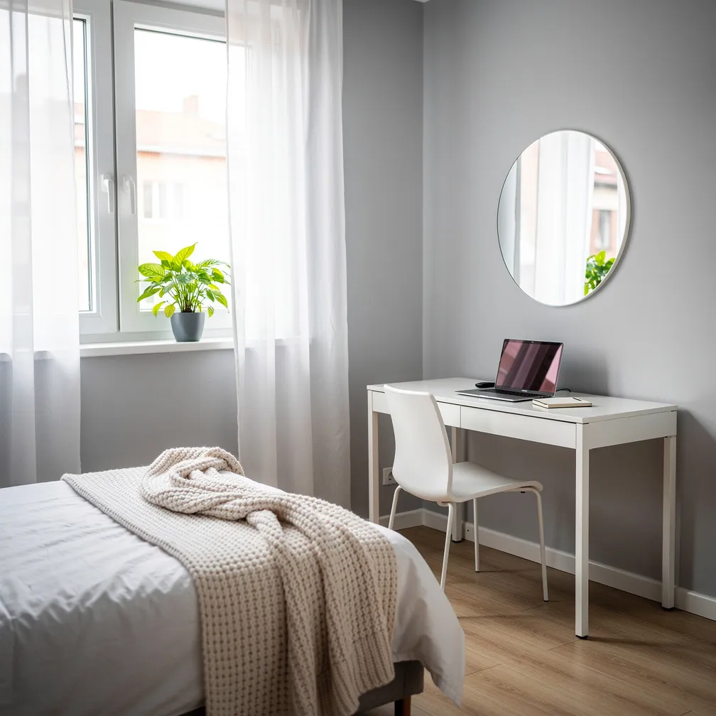 Petite chambre bureau lumineuse avec miroir et rideaux légers