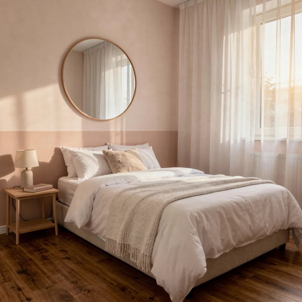 Petite chambre cosy avec mur rose pâle et grand miroir rond