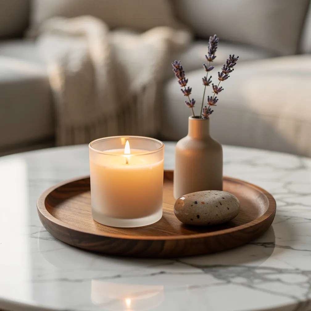 Plateau rond en bois sur table basse avec bougie et lavande séchée