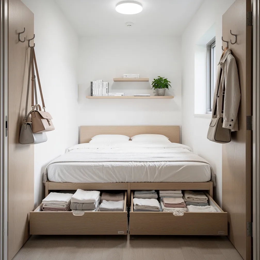 Chambre compacte avec tiroirs sous le lit et étagères murales
